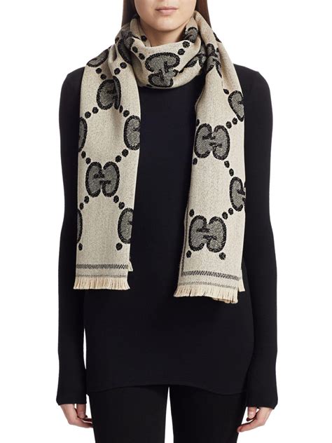 gucci metallic gg wool scarf black|Gucci scarf with fur trim.